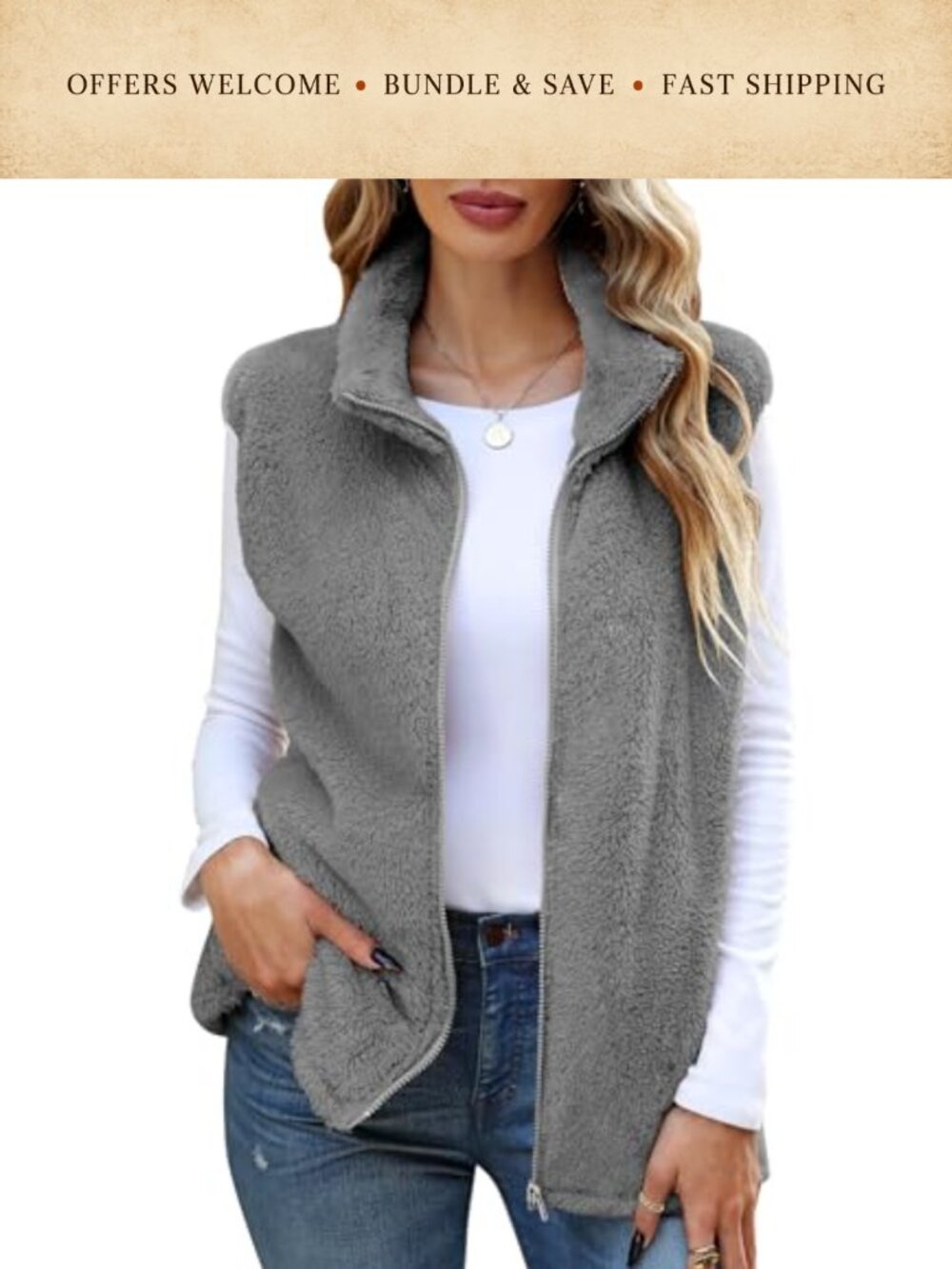 Fleece Vest Sleeveless Zip Up Sherpa Jacket with Pockets